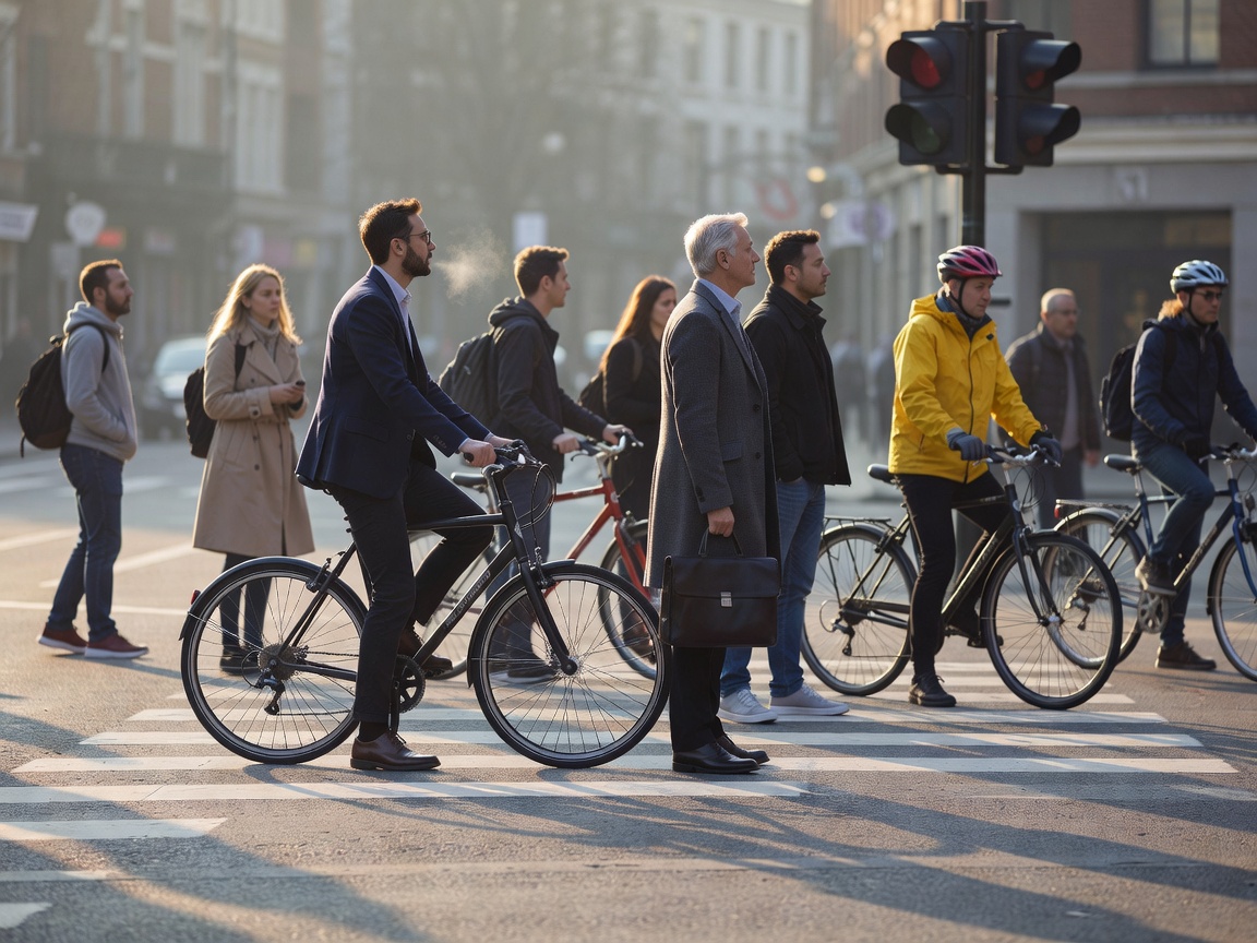 Commuters on foot and bicycle waiting at a city pedestrian crossing in morning light