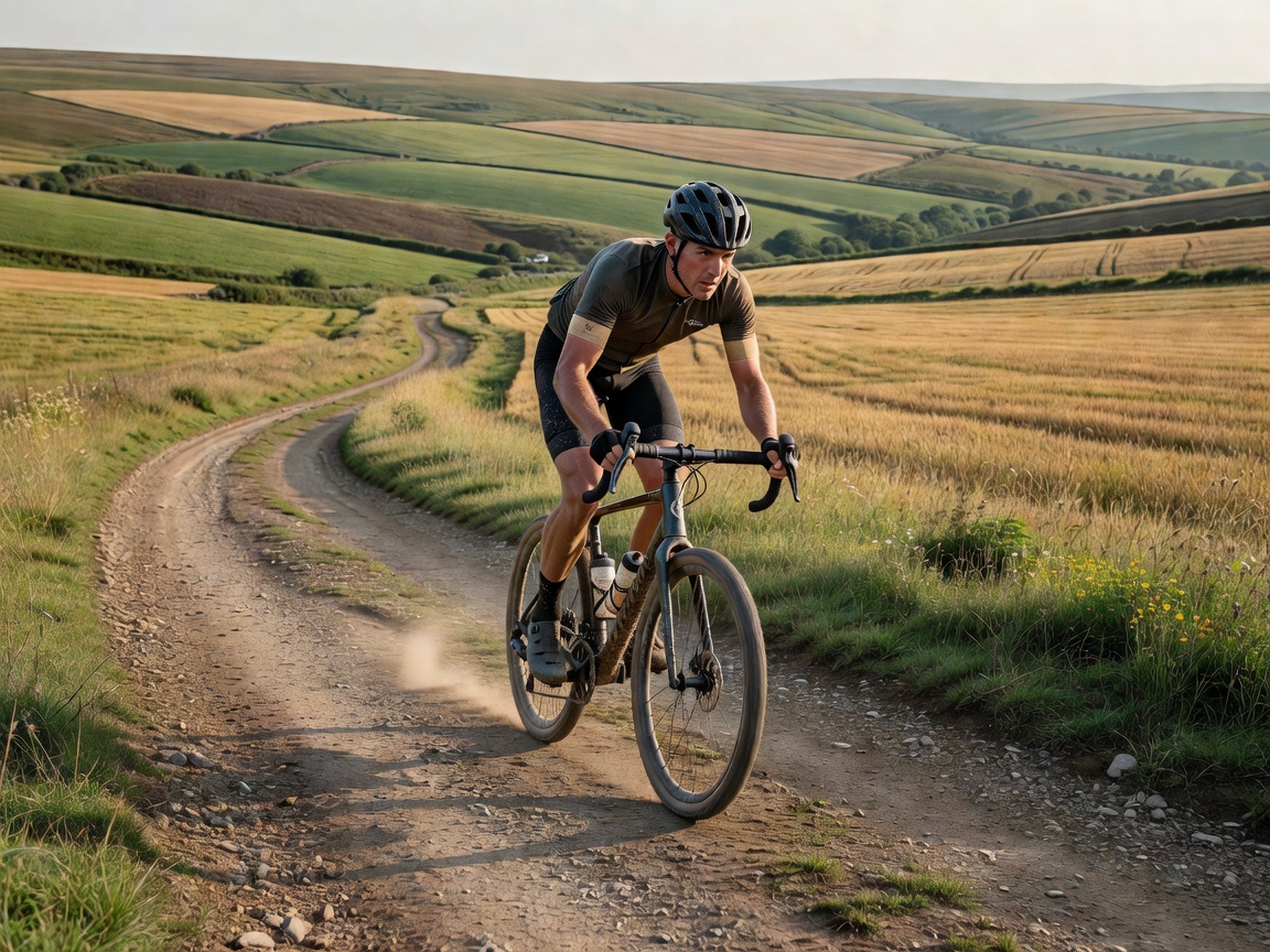 Cyclist riding a gravel bike along an unpaved road through rolling farmland hills