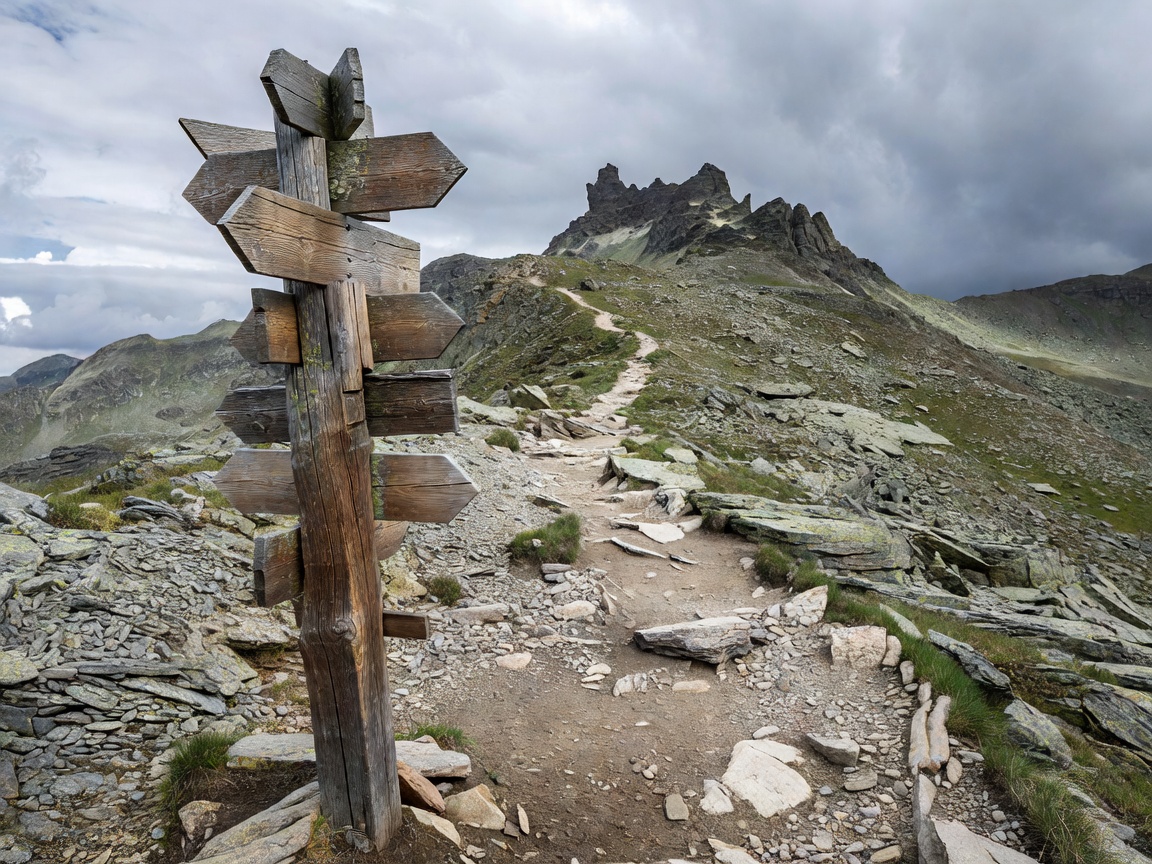 Wooden trail signpost on a rocky mountain pass with a footpath climbing toward a ridge