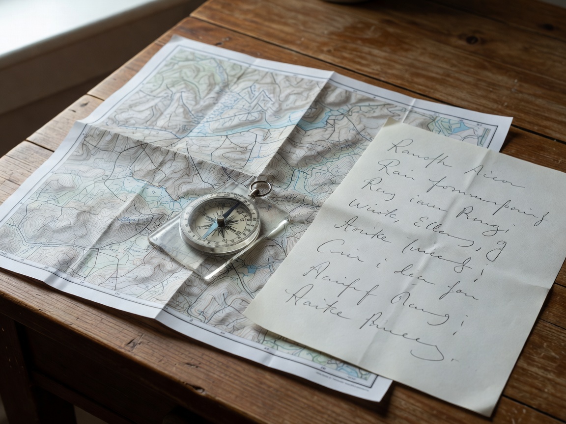 Paper walking map, baseplate compass and handwritten route notes spread on a wooden desk